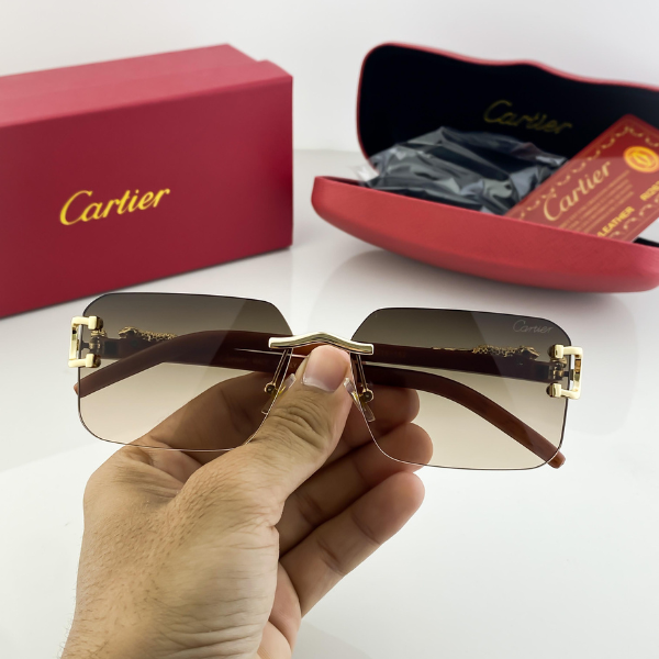 Cartier Sunglasses Rimless Square Lion Temple Brown