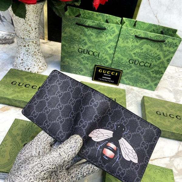 Gucci Inspired Bee Wallet – Black GG Monogram with Bold Bee Design