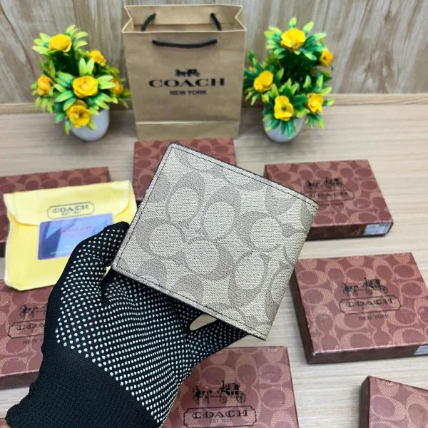 Coach Khaki Saddle Canvas Wallet – Signature Bifold with Box and Bag