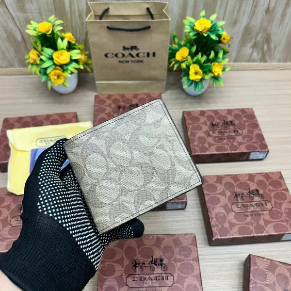 Coach Khaki Saddle Canvas Wallet – Signature Bifold with Box and Bag