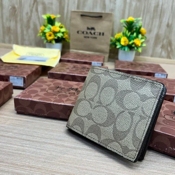 Coach Khaki Saddle Canvas Wallet – Signature Bifold with Box and Bag