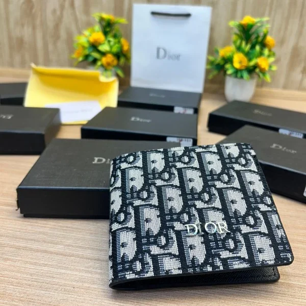 Dior Oblique Jacquard Wallet – Navy Beige Bifold with Box and Pouch