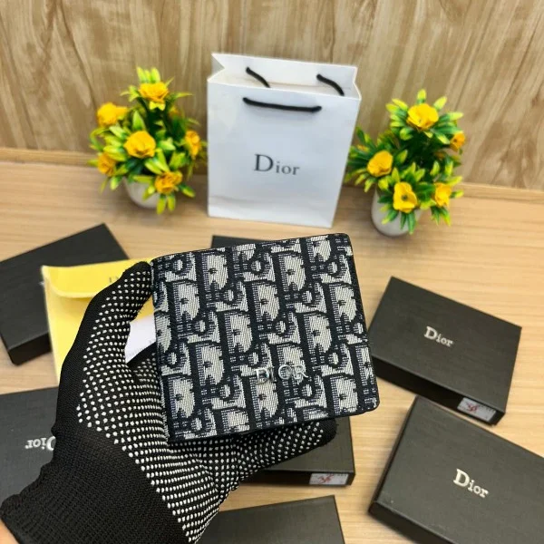 Dior Oblique Jacquard Wallet – Navy Beige Bifold with Box and Pouch