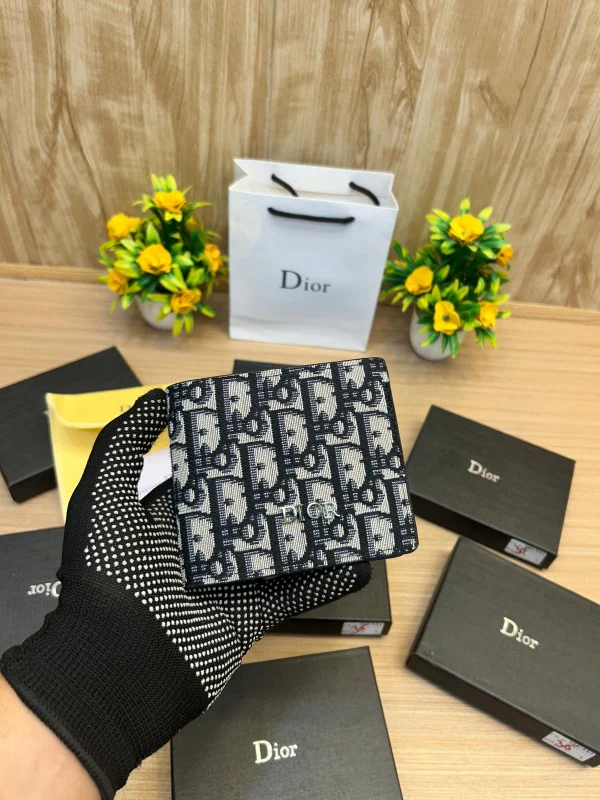 Dior Oblique Jacquard Wallet – Navy Beige Bifold with Box and Pouch