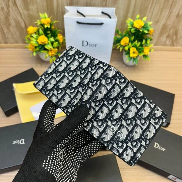 Dior Oblique Jacquard Wallet – Navy Beige Bifold with Box and Pouch