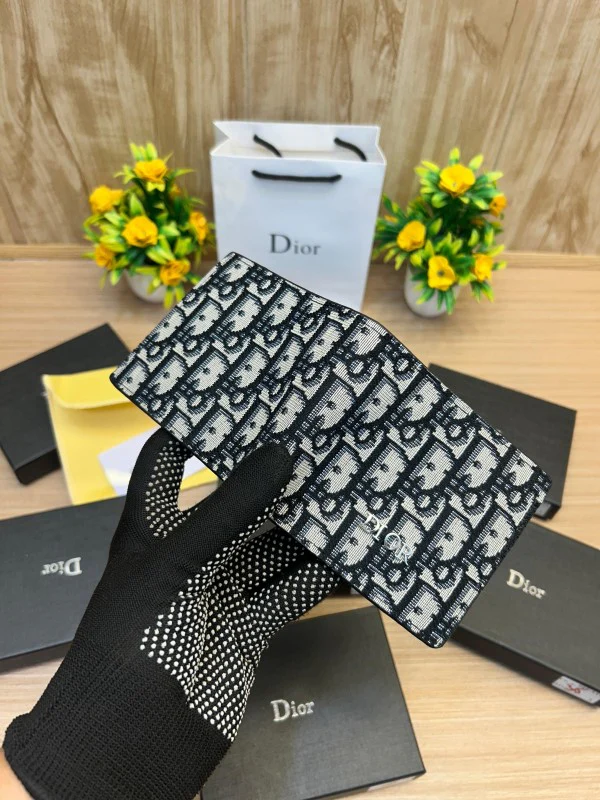 Dior Oblique Jacquard Wallet – Navy Beige Bifold with Box and Pouch