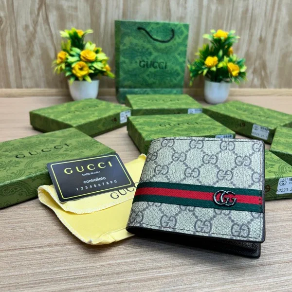 Gucci inspired wallet with GG canvas, chrome logo, and green-red stripe in gift box