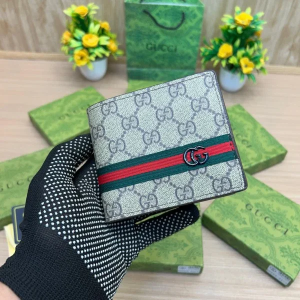 Gucci inspired wallet with GG canvas, chrome logo, and green-red stripe in gift box