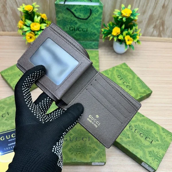 Gucci inspired wallet with GG canvas, chrome logo, and green-red stripe in gift box