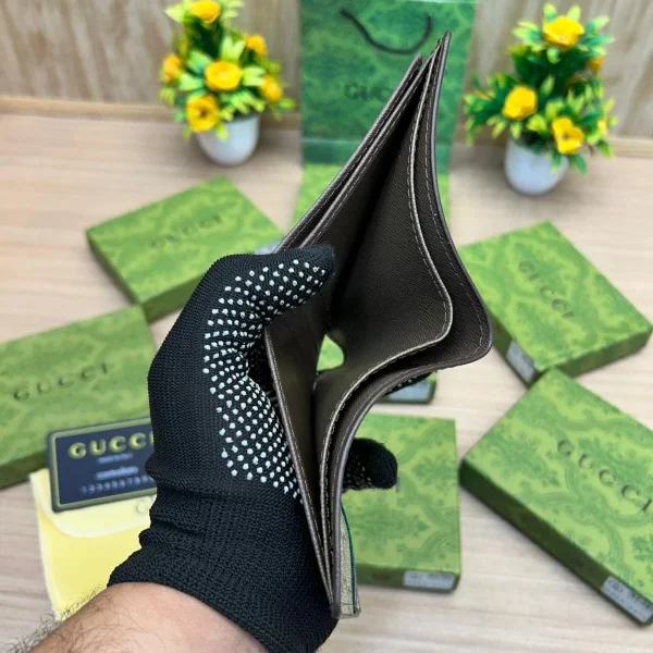 Gucci inspired wallet with GG canvas, chrome logo, and green-red stripe in gift box