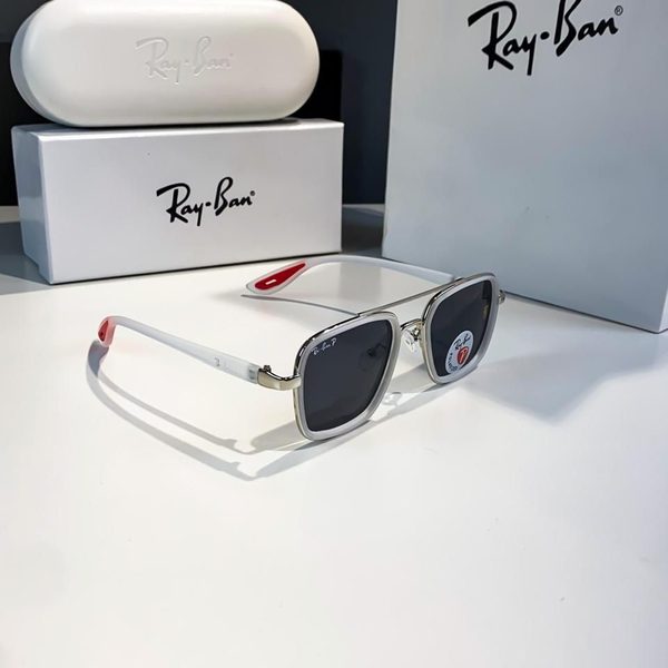 Ray-Ban Sunglasses Square Metal Frame White Red Arms Black Lens
